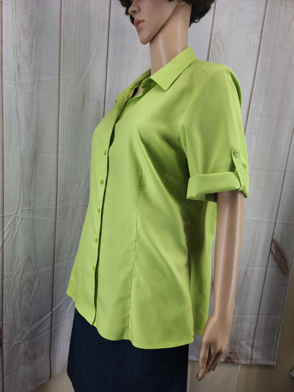 Coldwater Creek Women L Button-Up Blouse Lime Green Cotton Roll-Tab 3/4 Sleeve